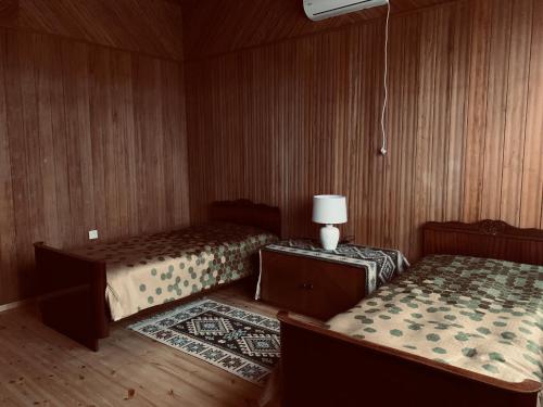 a room with two beds and a table with a lamp at Brick House Melodies in Tsqaltubo