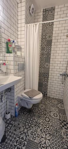 a bathroom with a toilet and a shower at Sea home Asprovalta in Asprovalta