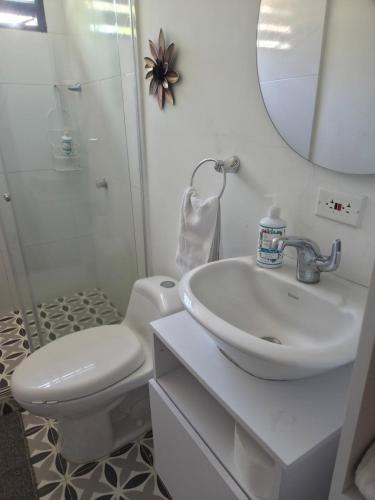 a bathroom with a sink and a toilet and a mirror at Cabañas Annapurna - Cabaña #12 in Taganga