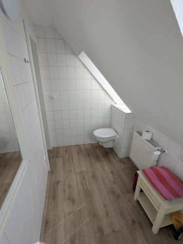 a bathroom with a toilet and a sink at Ferienwohnung in Schkölen in Schkölen