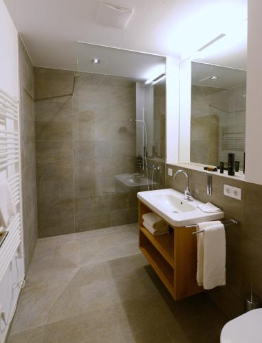 a bathroom with a sink and a shower and a mirror at Atelier Ronacher in Annenheim