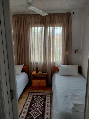 a bedroom with two twin beds and a window at Theano apartment in Argos