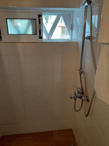 a bathroom with a shower with a television in a window at Theano apartment in Argos