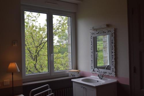 a bathroom with a sink and a mirror and two windows at Gîtes Les Clairets - Normandie in Mortain