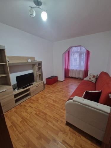 a living room with a couch and a television at Two-room apartment in Drăgăşani