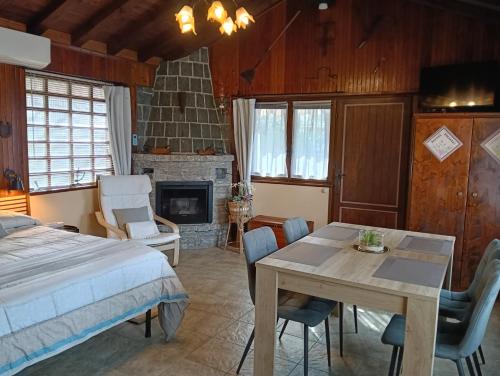a bedroom with a bed and a table and a fireplace at Monolocali In Casa Con Giardino Bellagio in Bellagio