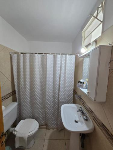 a bathroom with a shower curtain and a toilet and a sink at Center Cruz del Eje in Cruz del Eje