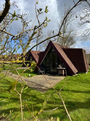 a house with a pitched roof in a field at Hotelhuisjes Oosterleek in Oosterleek
