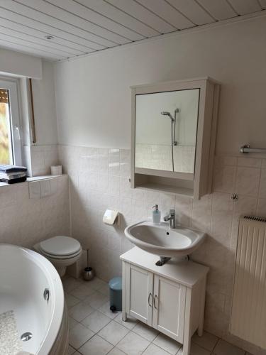 a bathroom with a sink and a toilet and a mirror at Pension Genz in Bad Karlshafen