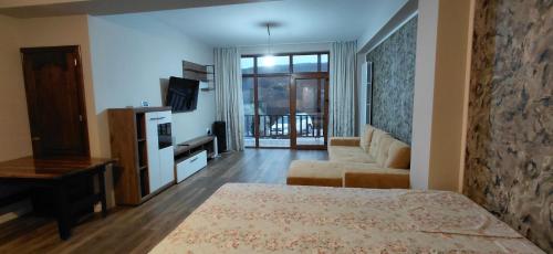 a room with a bed and a couch and a television at Cabana Ene Strada Poienari nr 13 A in Râmnicu Vâlcea