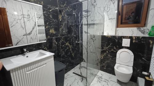 a black and white bathroom with a toilet and a sink at Cabana Ene Strada Poienari nr 13 A in Râmnicu Vâlcea