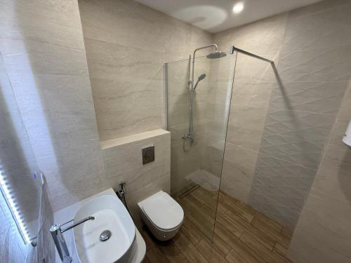 a bathroom with a toilet and a glass shower at Guest Rooms Biju in Tryavna