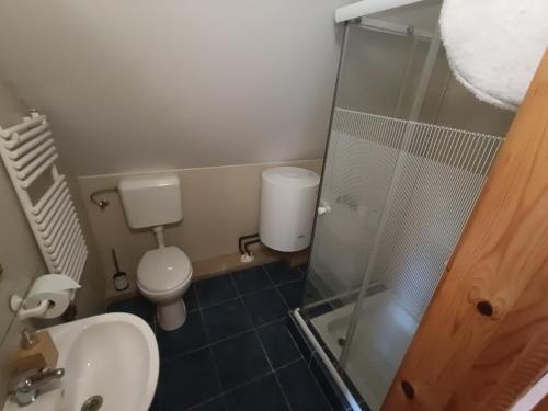 a bathroom with a toilet and a glass shower at Kolonics Pincészet Vendégház Somló in Somlóvásárhely