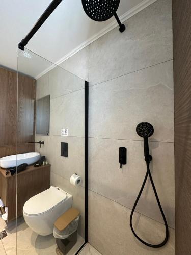 a bathroom with a toilet and a shower in it at 2BR Apartment for 5 in Archangelos Rhodes with Parking - Equus Sky in Archangelos