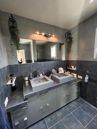 a bathroom with two sinks and a large mirror at La Villa Carpentrassien in Carpentras
