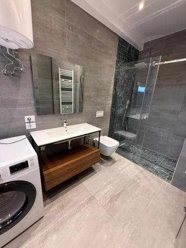 a bathroom with a sink and a washing machine at Vila 76 Belvedere in Korçë