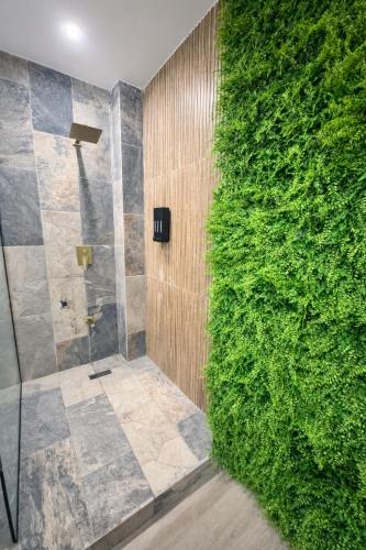 a green wall in a bathroom with a shower at The Hive Boutique Hotel Double Room 109 in Scarborough