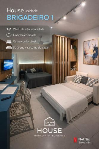 a poster of a bedroom with a bed and a desk at House Brigadeiro in Juiz de Fora
