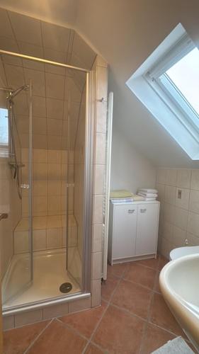 a bathroom with a shower and a sink at Upkammer im Park in Werdum