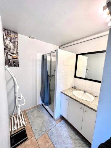 a bathroom with a sink and a shower at Maison individuelle Hourtin centre jardin clos in Hourtin