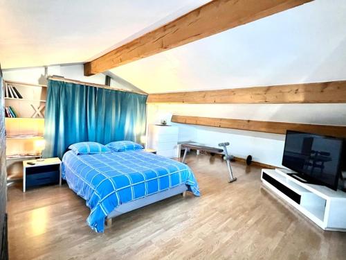 a bedroom with a blue bed and a television at Maison individuelle Hourtin centre jardin clos in Hourtin