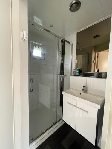 a bathroom with a glass shower and a sink at Chalet op Camping in het Drents Friese Wold in Oude Willem