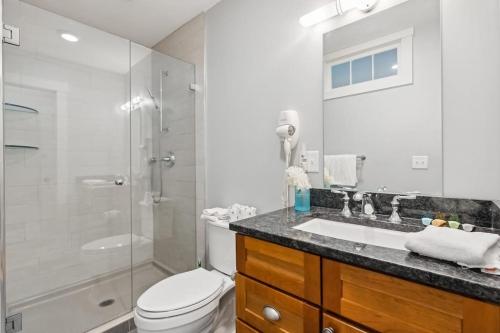 a bathroom with a toilet and a shower and a sink at The Heart of the West End #4 in Portland