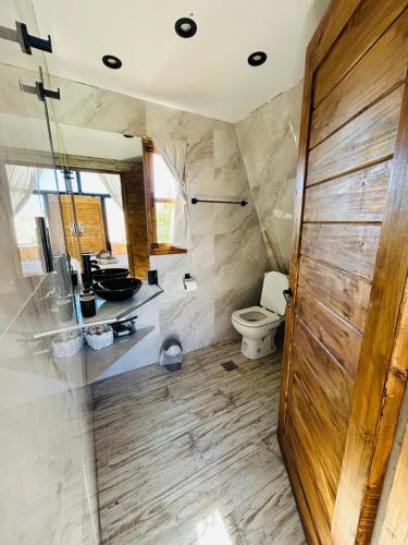 a bathroom with a toilet and a wooden door at Andinas de Uco Lodge in La Consulta