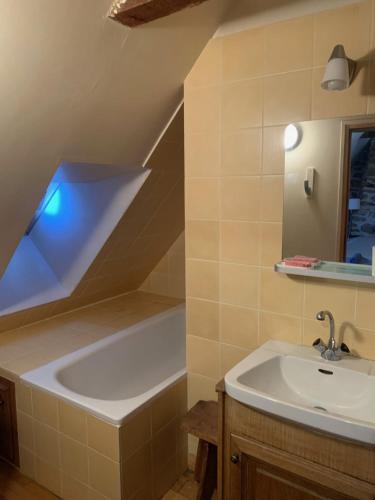 a bathroom with a bath tub and a sink at La maison de Jeanne La Monédière in Chaumeil