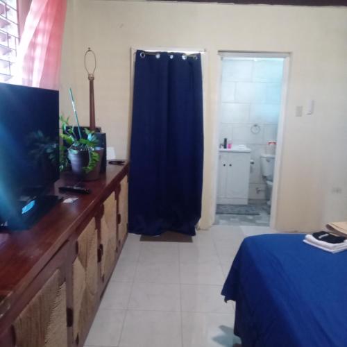 a room with a blue shower curtain and a bathroom at Tambell Haven in Runaway Bay