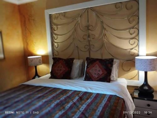a bedroom with a bed with a headboard and two lamps at Leopard Lily in Potchefstroom