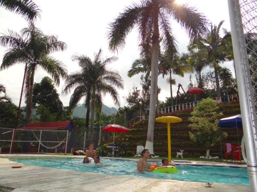 a group of people in a swimming pool with palm trees at Finca La Piscina in Viterbo