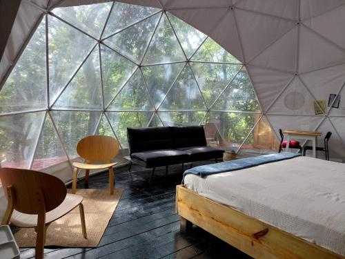 a room with a bed and a large glass wall at Indómito Domes at El Yunque Zone in Canovanas