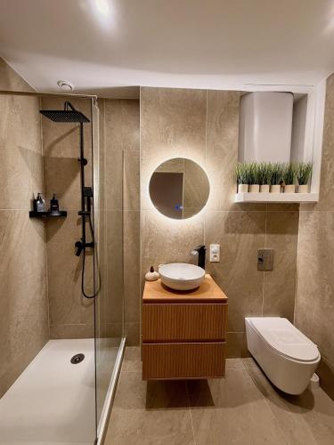 a bathroom with a sink and a toilet and a shower at Hyper-centre Toulon in Toulon