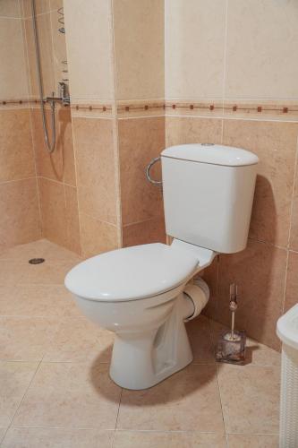 a white toilet in a bathroom with a shower at Positive Apartment - Слънчев уют и голяма веранда в сърцето на Петрич in Petrich