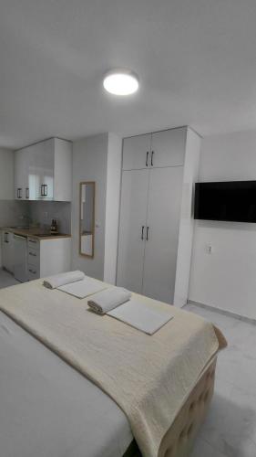 a large white room with a large bed in it at Studio apartmani AHUS in Petrovac na Moru