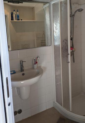 a bathroom with a sink and a shower at Il Pollaio di Pilade in Lerici