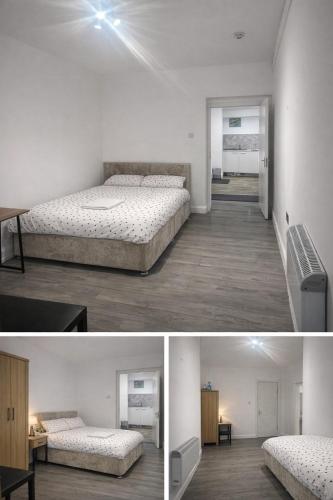 two images of a bedroom with two beds and a hallway at The Coach House in Bradford