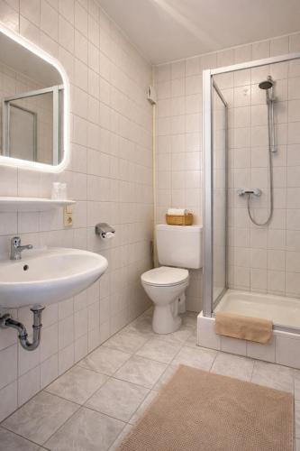 a bathroom with a toilet and a sink and a shower at Waldhotel Bad Münstereifel in Bad Münstereifel
