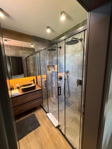 a bathroom with a shower and a sink at Private Wellness Villa on Rab - Rab Rental Villa with Pool Jacuzzi Sauna and Total Privacy in Rab