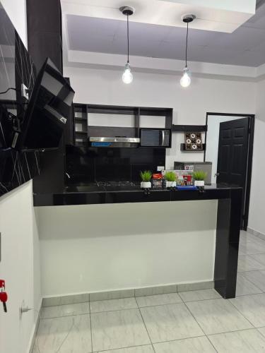 a kitchen with a black and white counter with potted plants at Tu refugio en el corazon de David in David