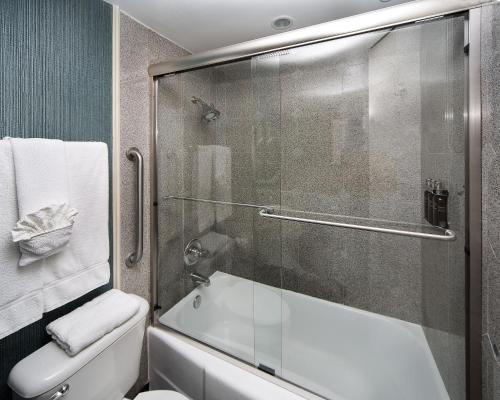 a bathroom with a glass shower door and a toilet at The Whitehall Houston in Houston