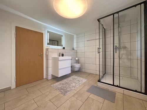 a bathroom with a shower and a toilet and a sink at Zum wilden Jakob in Stadlern
