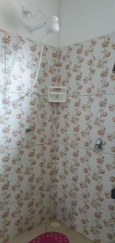 a bathroom with a shower with a monkey wallpaper at Hospedaria Mandassaia in Lençóis