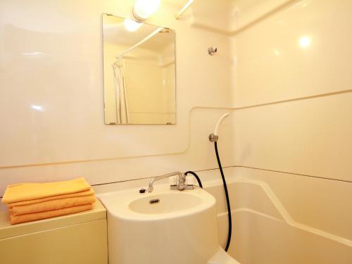 a white bathroom with a sink and a mirror at Hotel Sankyu in Tsukuba