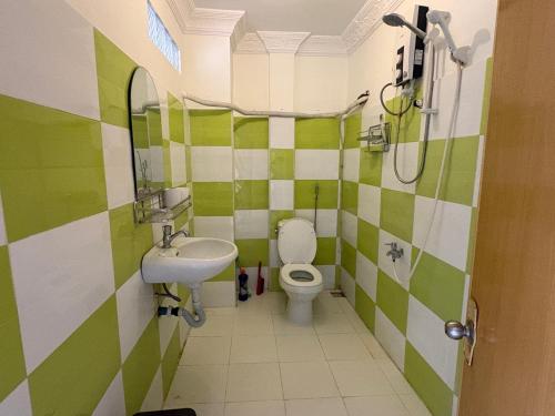 a green and white bathroom with a toilet and sink at Wheelezz in Kep