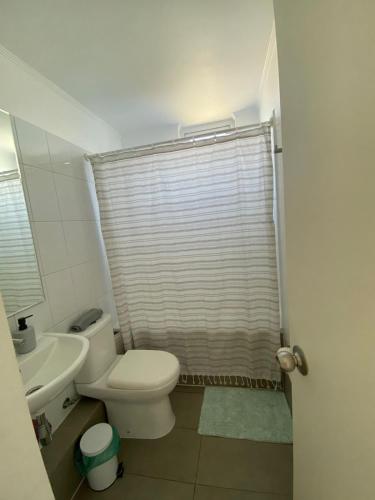 a bathroom with a white toilet and a sink at Acogedor departamento in Concepción