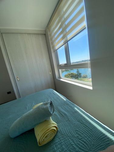 a bed with a towel on it in a room with a window at Acogedor departamento in Concepción