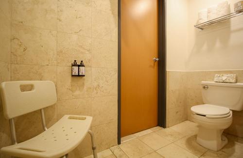 a bathroom with a toilet and a sink in it at Hotel Turotel Morelia in Morelia
