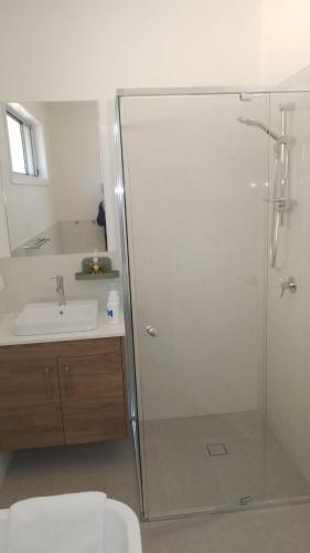 a bathroom with a shower and a sink at The Piddington Top in Mount Victoria